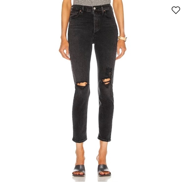 Agolde Black Nico High Wasted Ripped Knee Button Fly Slim Jean Distressed - Picture 3 of 16